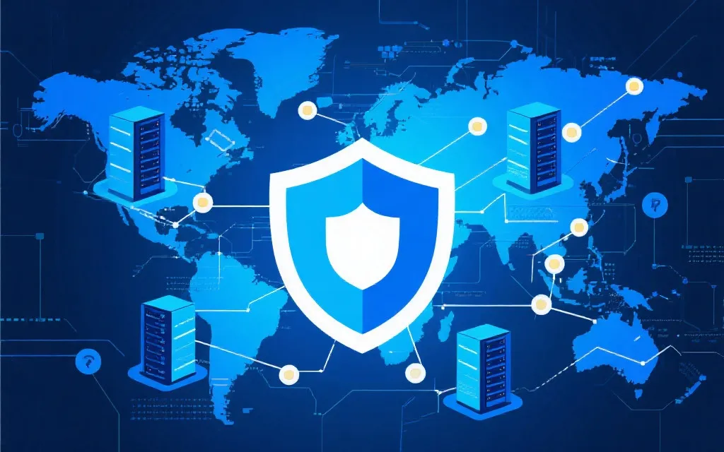 技术视角插画：全球节点、边缘服务器与安全盾牌的抽象图